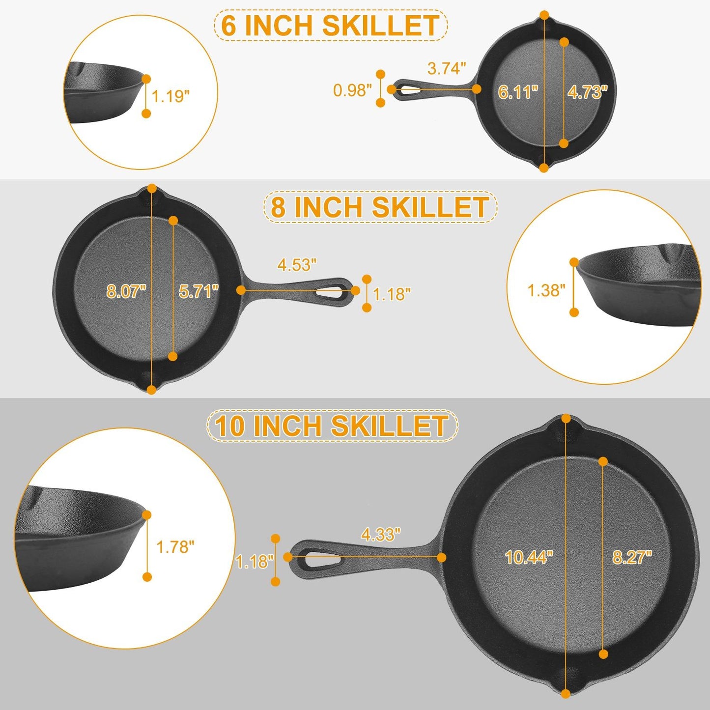 3Pcs Pre-Seasoned Cast Iron Skillet Set